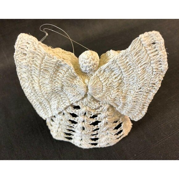 Angel Ornaments 2 Vintage Crochet Handcrafted Christmas Starched White Wings - Picture 7 of 10